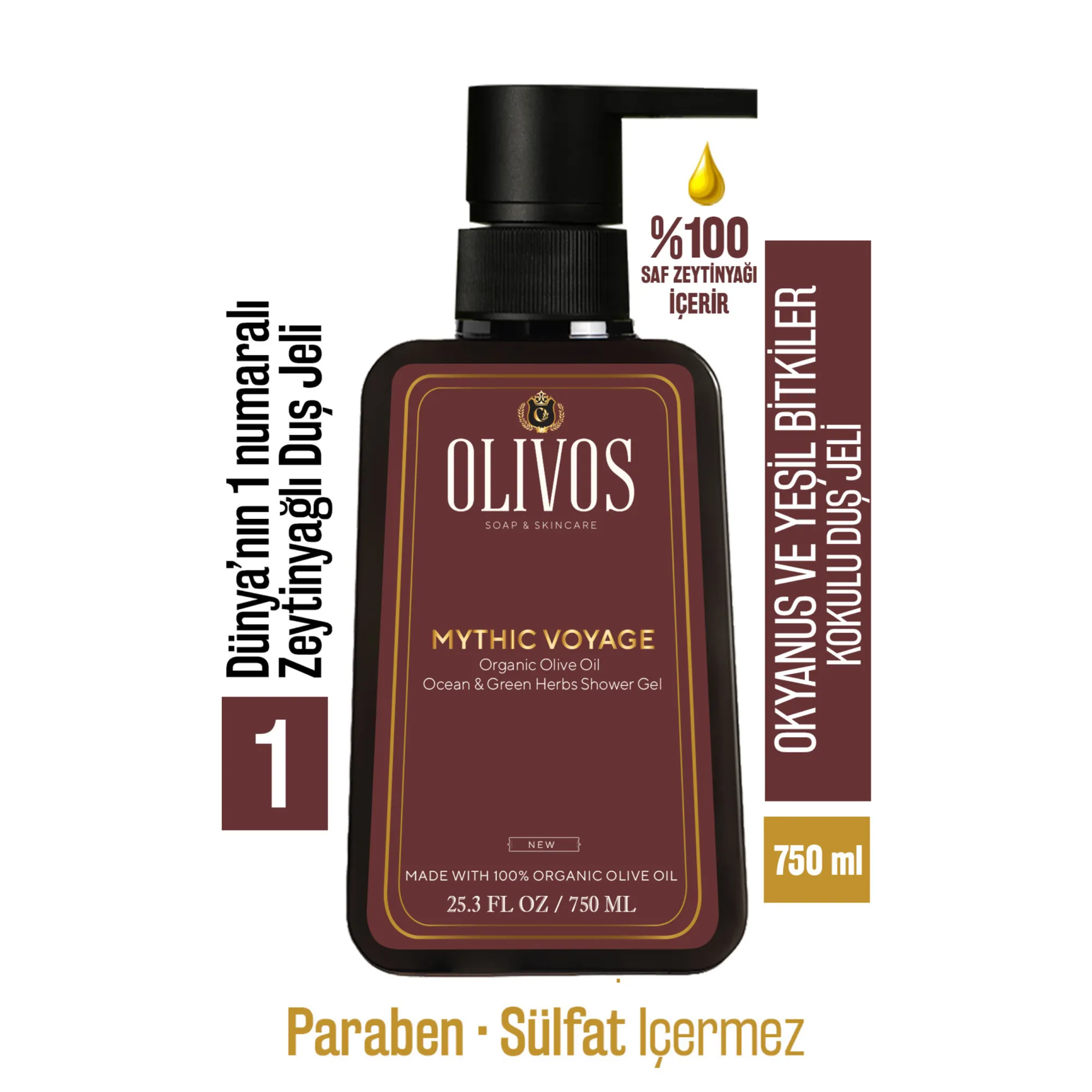 Olivos Mythic Voyage Ocean and Green Herbs Olive Oil Shower Gel, 25.36 fl. oz.